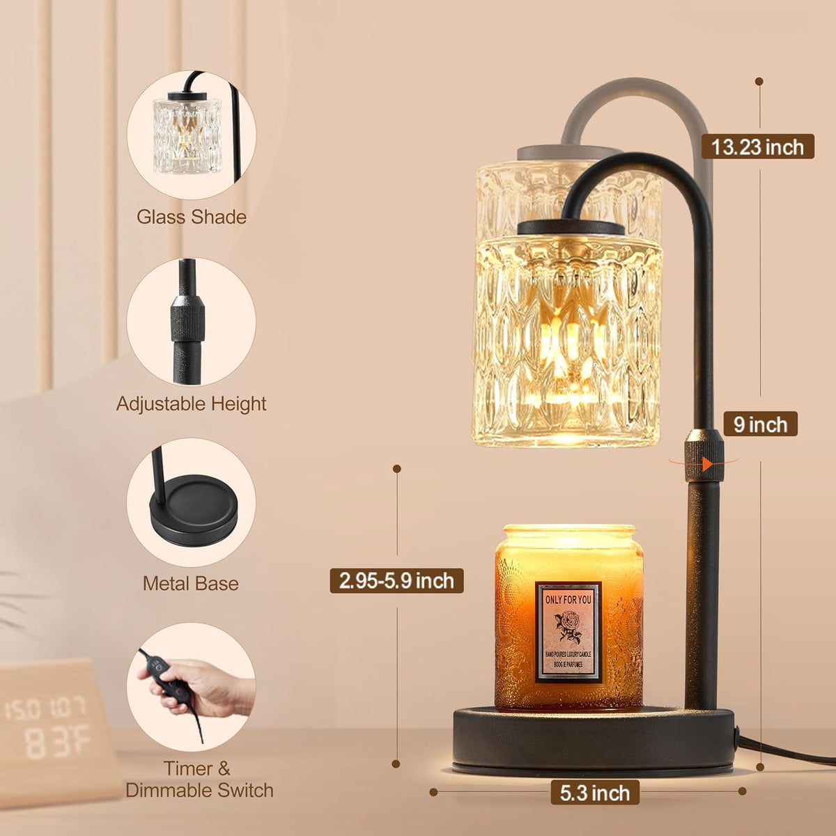 dimmable-candle-warmer-lamp-with-timer-height-adjustable-candle-warmer-for-jar-candles-electric-wax-melt-warmer-for-home-decor-house-warming-gifts-birthday-gifts-for-women-black-clear