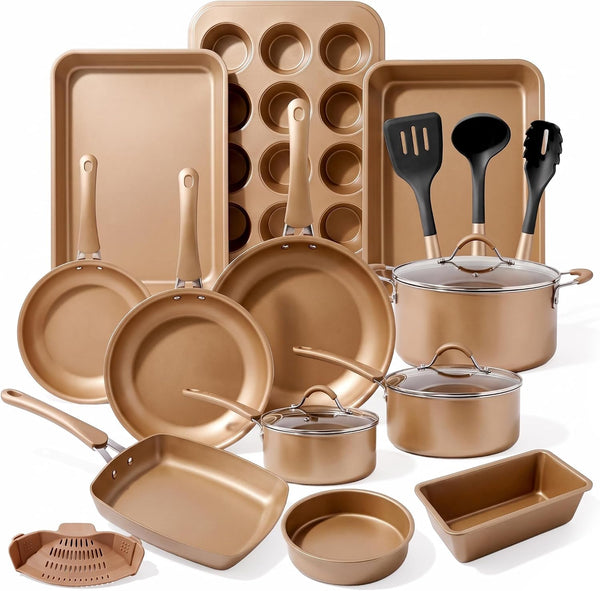 20 Piece Professional Home Kitchen Cookware and Bakeware, Pots and Pans Set Non Stick Kitchenware, Cool-Touch Handles, Non Toxic, Safe for Gas, Electric, Induction Cooktops, Easy Clean1