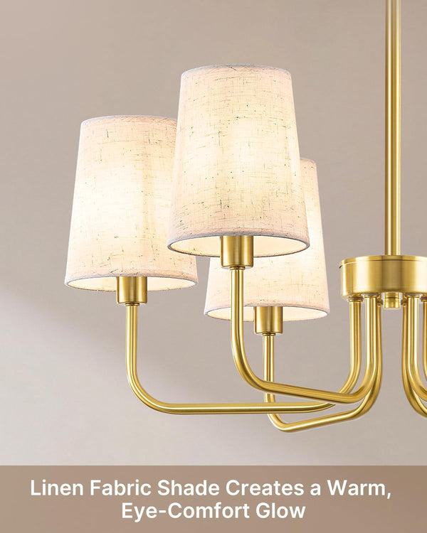 6-Light Gold Chandelier for Dining Room, No Assembly Modern Chandelier Light Fixture with White Linen Shades, UL Listed 25" Farmhouse Brass Dining Room Light Fixture Bedroom Entryway Foyer4