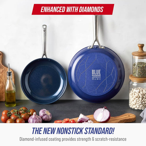 2 Piece Nonstick Frying Pan Set, 9.5” & 11" Skillets, Pfas-Free Ceramic, Dishwasher & Oven Safe, Stainless Steel Handle, Durable Metal Utensil Safe, Egg & Omelet Pans, Blue | 9.5" X 11" Skillets, Pfas-Free Ceramic Nonstick, Dishwasher & Oven Safe, Stay Cool Handle, Durable Metal Utensil Safe2