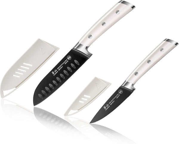 S+ Series 1022100 German Steel Forged 2-Piece Titanium Coated Santoku Starter Knife Set with Sheaths, Vanilla White1