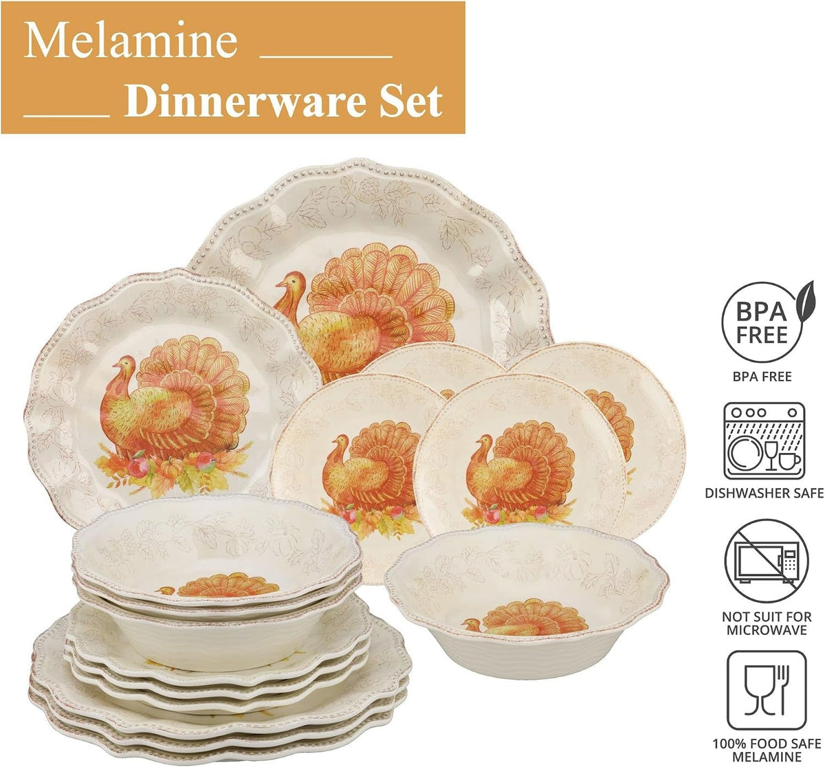 16-piece-glitter-turkey-melamine-dinnerware-sets-outdoor-dishes-set-plates-and-bowls-sets-autumn-thanksgiving-decorations-service-for-4-orange