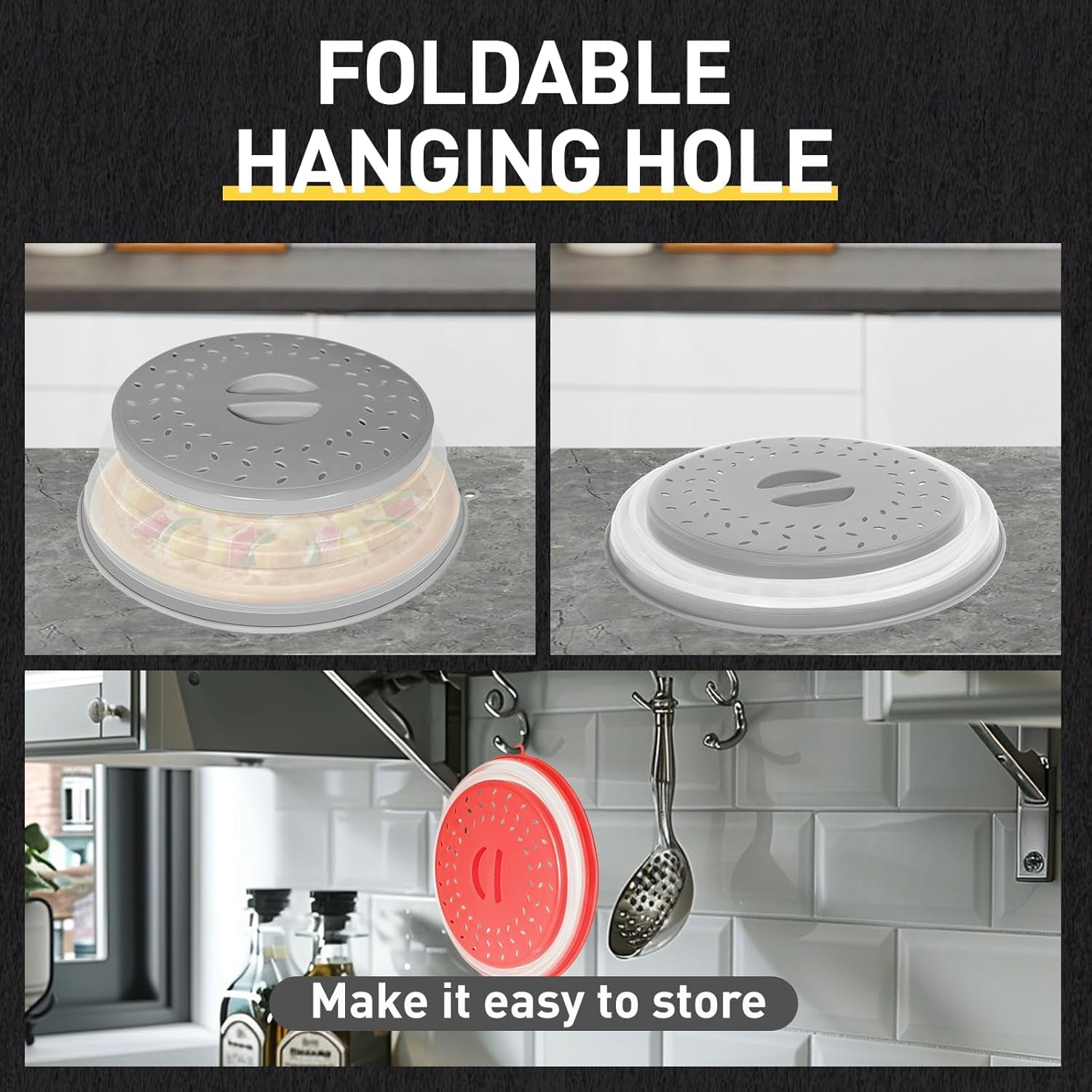 2-pack-collapsible-microwave-splatter-cover-red-grey-vented-microwave-splatter-guard-food-cover-with-hook-hole-vegetable-fruit-colander-multi-function-kitchen-gadget