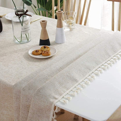 Rectangle Linen Fabric Table Cloth 47 X 63 Inch - Dining Room Table Cover, Tassels - Easy Care, Farmhouse Kitchen Tablecloth Indoor Outdoor, All Season5