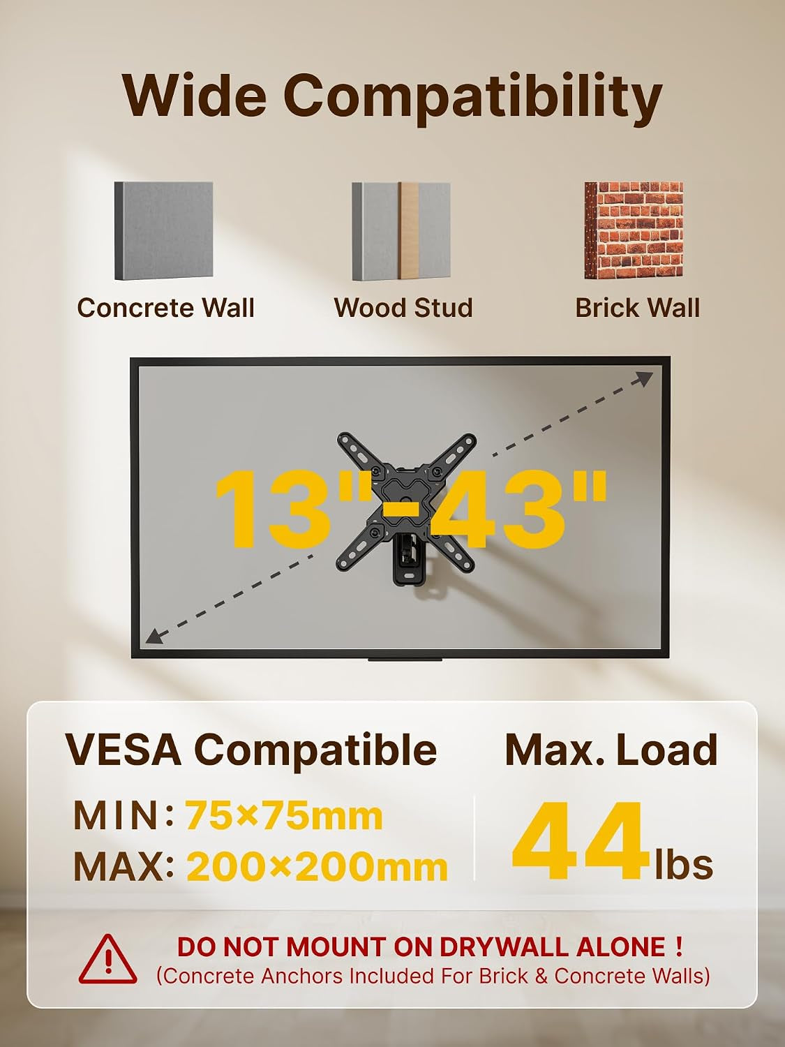 full-motion-small-tv-wall-mount-for-13-43-inch-tvs-up-to-44-lb-90-swivel-5-15-tilt-landscape-portrait-rotation-extends-14-6-in-4x-load-tested-vesa-200x200-mm-single-stud-mount