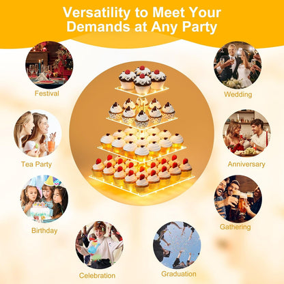 Cupcake Stand with Yellow LED Lights, 4 Tier Cupcake Stand for 50 Cupcakes, Acrylic Cupcake Tower Stand, Clear Tiered Cupcake Holder for Birthday Candy Bar Décor Weddings, Parties Events3