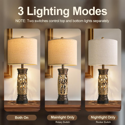 27.25” Antique Gold Table Lamps Set of 2 – Farmhouse Bedside Lamps with Night Light & USB A+C Ports, Vintage Lamps for Bedroom, Living Room, Entryway, Nursery, Reading Nook(Bulbs Included3
