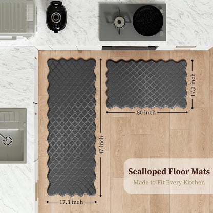 Upgrade Scalloped Kitchen Mats for Floor 2PC, Black Kitchen Rugs | 17.3" X 30"+17.3" X 47", Embossed Depth, Cushioned Comfort, Anti-Fatigue Support, Waterproof, Wipe Clean, Non-Slip Stability7
