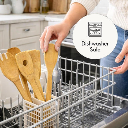 6Pc Bamboo Wooden Cooking Utensil Set with Holder Nonstick Safe Kitchen Tools, Dishwasher Safe6