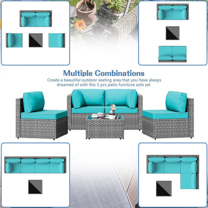 Patio Furniture Sets, 5 Piece Outdoor Sectional Sofas, Wicker Rattan Outdoor Furniture Patio Conversation Set, All-Weather PE Rattan Outdoor Couch for Backyard, Garden, Gray & Blue5