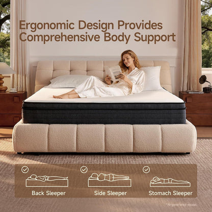 Queen Size Mattresses, Queen Mattress 12 Inch Hybrid Bed, Gel Memory Foam Pocket Coils, Full Zoned Support, Partner Disturbance Reduction, Certipur-Us Certified4