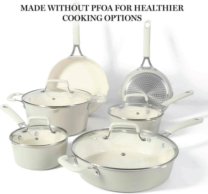 Heathland Premium Nonstick PFA Free Ceramic Interior 10-Piece Tapered Aluminum Cookware Set - Linen White4