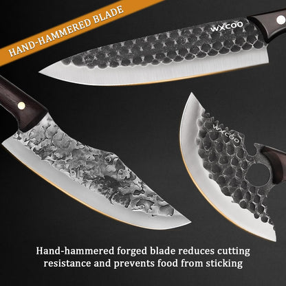 6PCS Kitchen Knife Set Kitchen High Carbon Steel Hand Forged Sharp Chef Knives All Purpose for Home and Outdoor Cooking Non Stick Hammer Finish Ergonomic Wood Handle with Leather Sheath - Black7