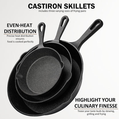 Cast Iron Skillet Pan Set of 3 – Pre-Seasoned Sartenes De Hierro Fundido – 6", 8", 10" Frying Pans for Stove, Oven, Grill – Heavy Duty Sartén Hierro Fundido Cookware Set7