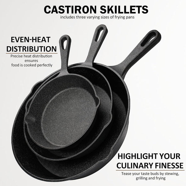 Cast Iron Skillet Pan Set of 3 – Pre-Seasoned Sartenes De Hierro Fundido – 6", 8", 10" Frying Pans for Stove, Oven, Grill – Heavy Duty Sartén Hierro Fundido Cookware Set7