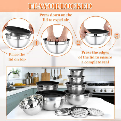 21PCS Mixing Bowls with Lids Set - 7 Nesting Mixing Bowls, 3 Graters, 11 Baking Tools, Lids, Stainless Steel Mixing Bowls for Mixing & Baking, Size 0.7/1.1/1.5/2.1/3.5/4/4.5 QT, Black6