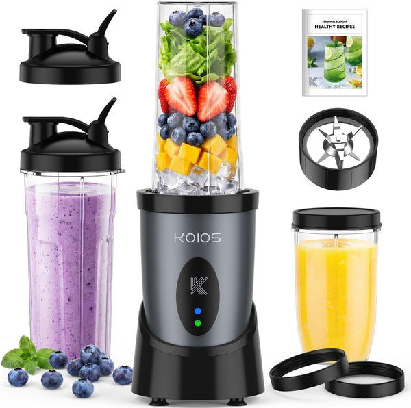 Smoothie Blender Kitchen, 900W Personal Blenders with 3 To-Go Cups | (2) 23Oz & 16Oz Cups, Blend Smoothies Shakes Juices Frozen Drinks, Dishwasher Safe Part, Twist-Lock, 14Pcs, Recipe, Grey Blue1