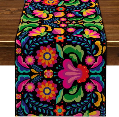 Mexican Table Runner for Day of the Dead Fiesta Dia De Los Muertos Rustic Linen Home Dining Room Kitchen Table Decorations (13" X 60", Black)1