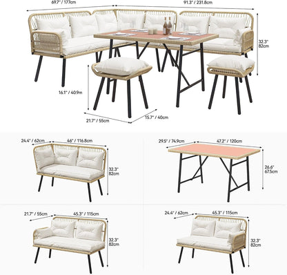 L-Shaped Rattan Patio Furniture Set Light Brown Beige8