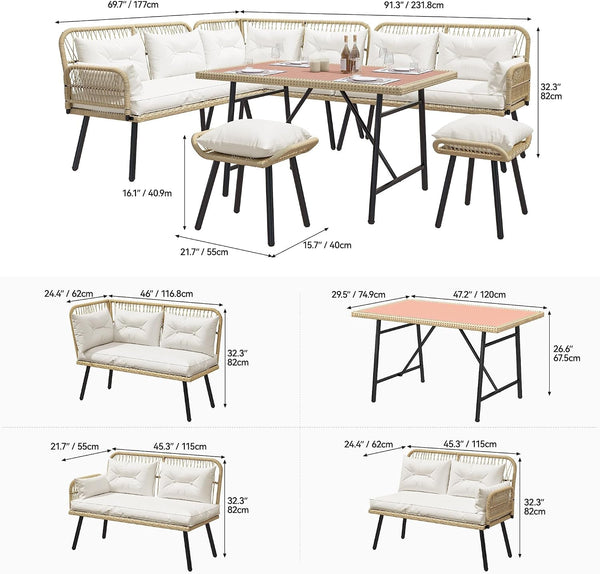 L-Shaped Rattan Patio Furniture Set Light Brown Beige8