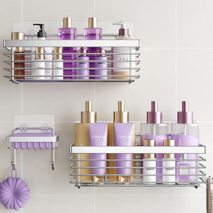 Shower Caddy Adhesive 3 Pack Stainless Steel Storage Organizers-Silver1