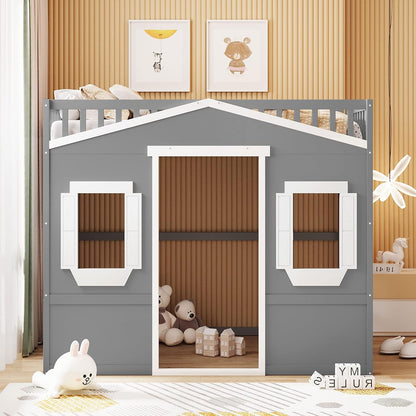 Full Size Wood Loft Bed, House Bed Frame with Ladder and Safety Guardrails for Kids, No Box Spring Needed, Gray+White5