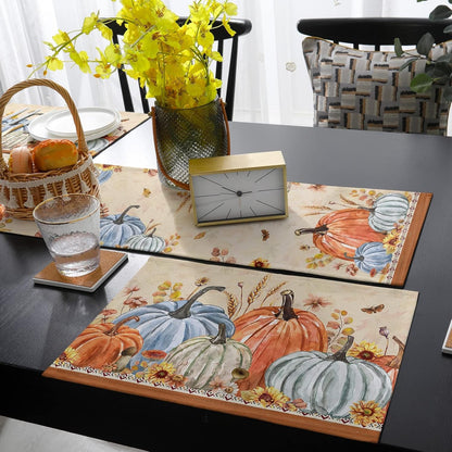 Fall Leaves Pumpkin 90Inch Table Runner with Placemats Set, Thanksgiving Farmhouse Washable Non-Slip Cotton Linen Table Runners and Heat Resistant Matching Table Mat Set for Dining Table/Kitchen4