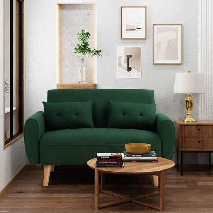 48'' Loveseat Sofa, Mid-Century Modern Upholstered Couch Deep Seat with 2 Pillows, 10" Thick Cushion with Spring, Solid Wood Frame Small Couch for Living Room, Dorms & Office, Green3