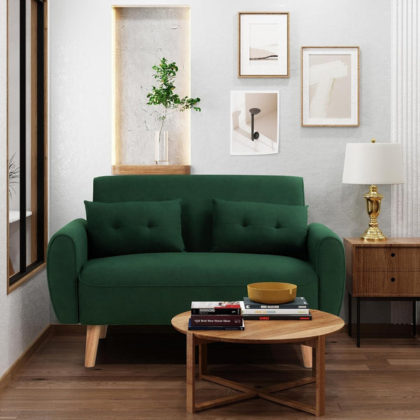 48'' Loveseat Sofa, Mid-Century Modern Upholstered Couch Deep Seat with 2 Pillows, 10" Thick Cushion with Spring, Solid Wood Frame Small Couch for Living Room, Dorms & Office, Green3