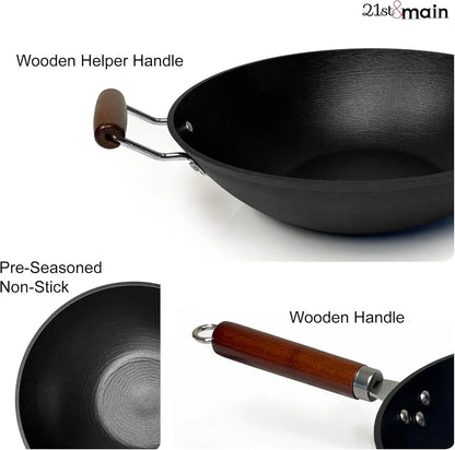 Light Weight Cast Iron Wok, Stir Fry Pan, Wooden Handle, 14 Inch, Chef’S Pan, Pre-Seasoned Nonstick, Commercial and Household, for Chinese Japanese and Others Cooking3