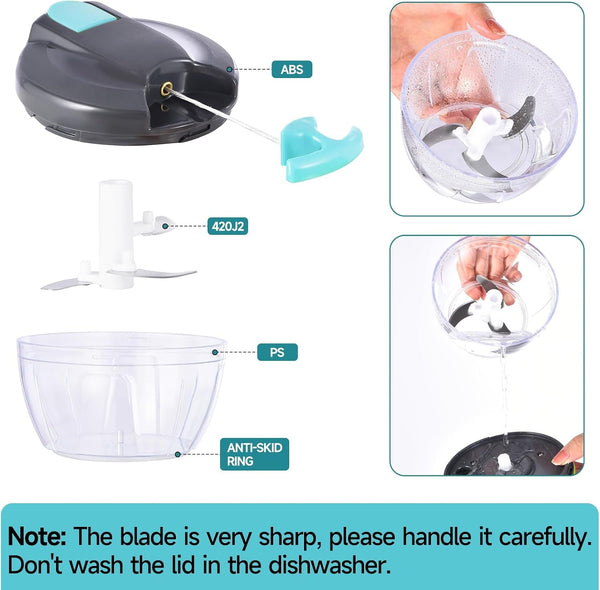 Manual Food Processor Vegetable Chopper, Portable Hand Pull String Garlic Mincer Onion Cutter for Veggies, Ginger, Fruits, Nuts, Herbs, Etc., 500Ml,（Gray-Blue）9