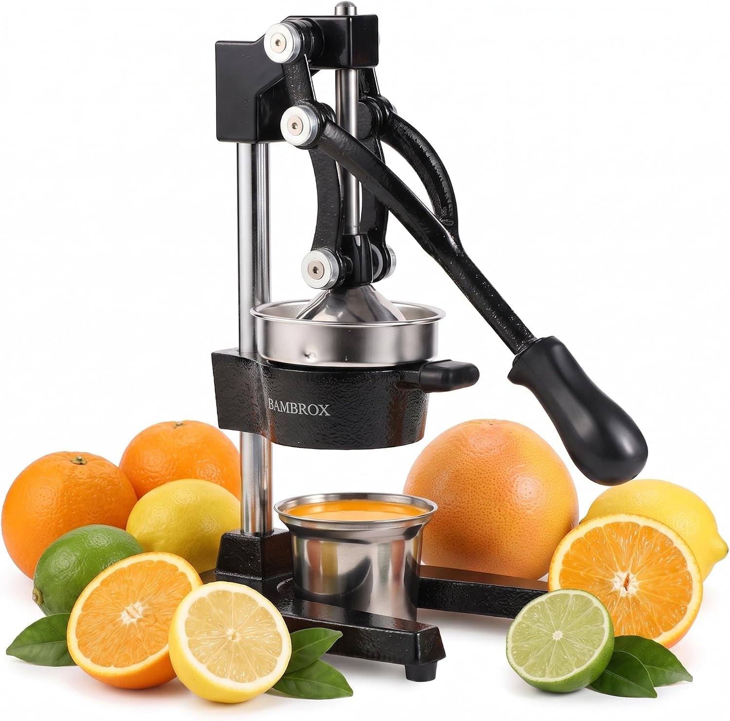 manual-cast-iron-lemon-squeezer-black-citrus-juicer-detachable-cone-free-stainless-steel-cup-extracts-juice-from-lemons-oranges-and-grapefruits-easy-to-clean
