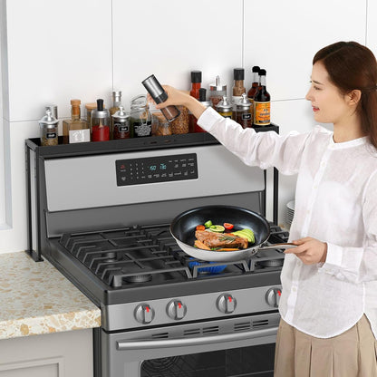 Stove Top Shelf, Kitchen over Shelf for Stove, Stove Spice Rack for Top, Adjustable 27-33Inch, Fits Various Stove Lengths, Kitchen Spice Organizer, Condiments and BBQ Sauces, Black8