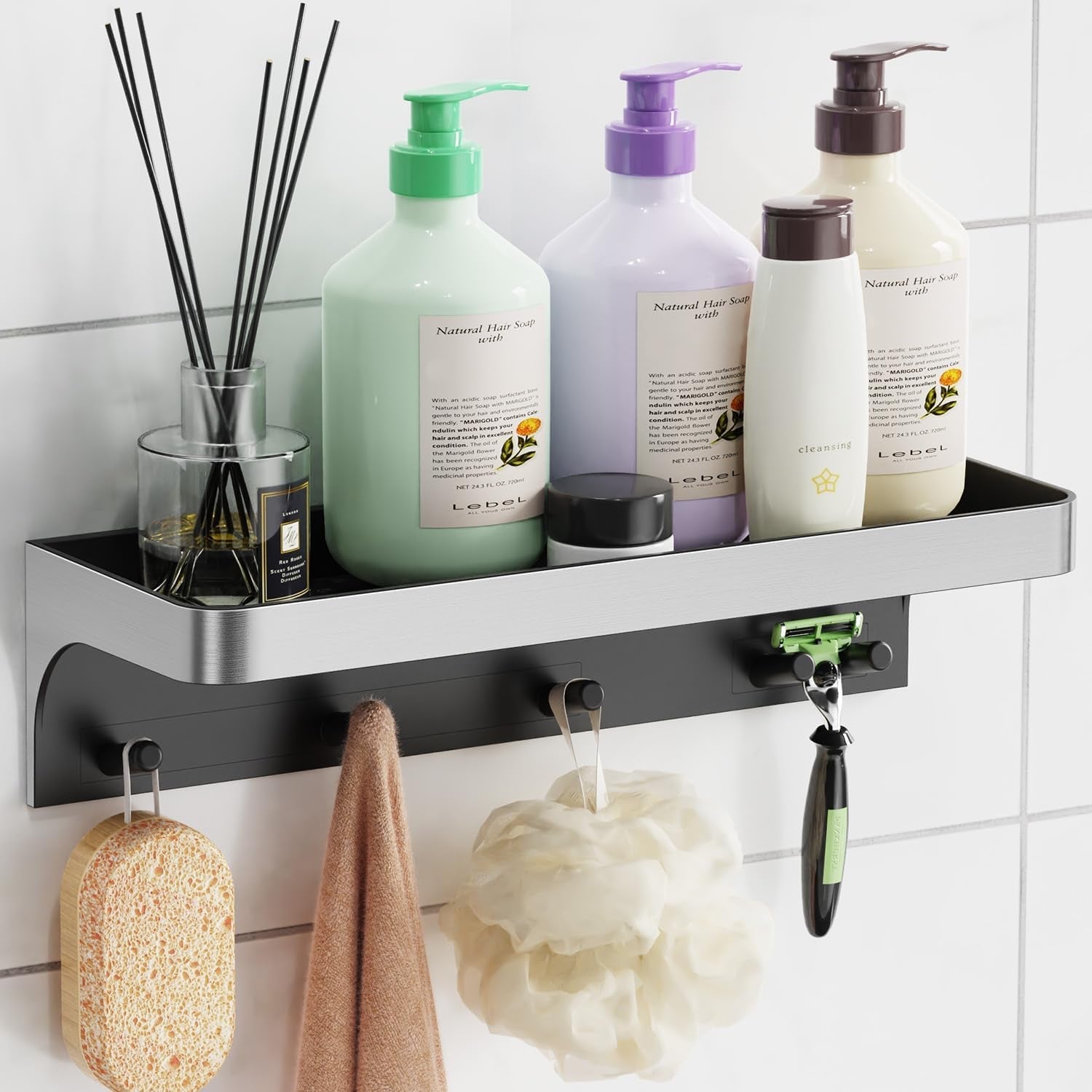shower-caddy-adhesive-with-5-hooks-drainage-no-drill-silver