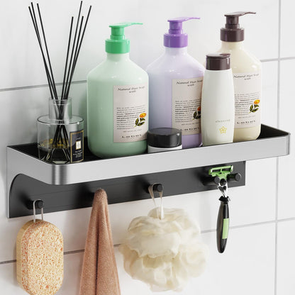 Shower Caddy Adhesive with 5 Hooks & Drainage, No-Drill, Silver1