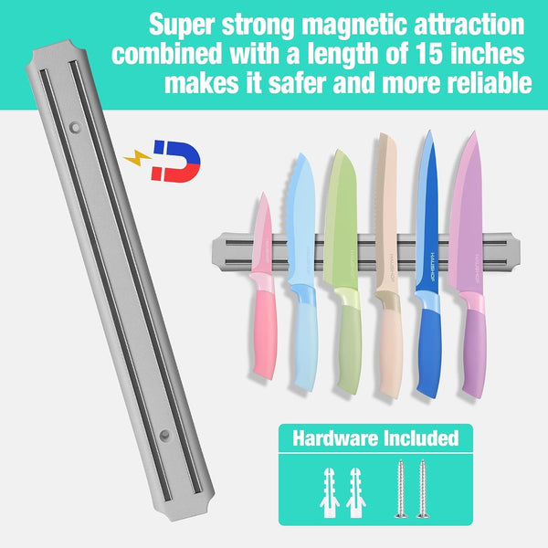 6PCS Colorful Kitchen Knife Set with Magnetic Knife Strip for Wall | Knives Set for Kitchen, Non-Stick Coated Stainless Steel Blades for Slicing, Dicing, Magnetic Knife Holder for Storage4