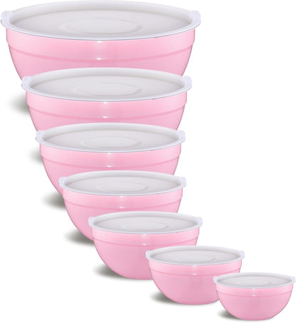 Pink Mixing Bowls with Airtight Lids,Stainless Steel Bowl,Salad Bowls 7 Piece Colorful Nesting Bowl Pink Kitchen Accessories,Size 7,3.6,2.7,2.1,1.5,1.1,0.8QT Stackable Design1