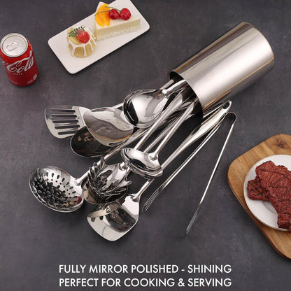 18/10 Stainless Steel Kitchen Utensils Set with Holder for Countertop | 15″ Spatula Spoon Set with Storage Organizer, 12-Pieces, Fork, Tongs, Spatula, Ladle, Skimmer, Turner, Spaghetti, Large Spoon6