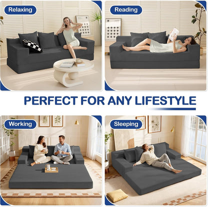 2 in 1 Convertible Boneless Couch Bed, Corduroy Futon Sofa Bed, Compression Folding Floor Couch Sofas Bed with 3 Pillows for Bedroom, Small Space Guest and Living Room Sofa (Grey, 78 Inches)5