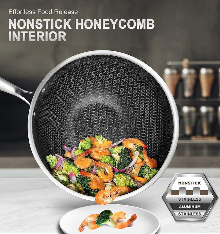 Wok Pan with Lid, 12 Inch Stainless Steel Wok with Spider Strainer and Steaming Rack, Honeycomb & Stir-Fry Pans Flat Bottom Wok Induction Compatible, Dishwasher and Oven Safe+2
