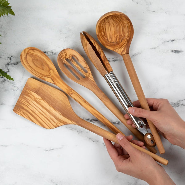 5-Piece Olive Wood Kitchen Utensil Set with Turner, Tongs, Slotted Spoon, Ladle and 12" Spoon, Farmhouse Style Kitchen & Cookware, Ideal for Entertaining, Wedding and Housewarming Gift3