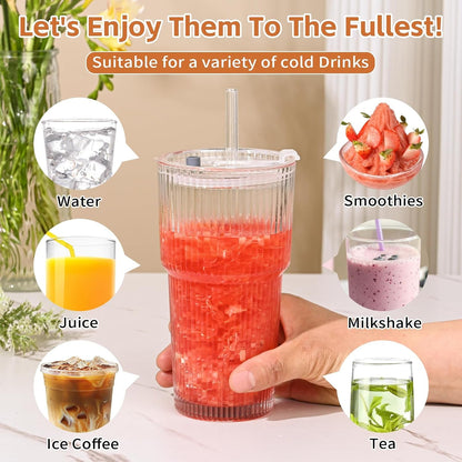 20Oz Ribbed Glass Cups with Lids and Straws,1Pcs Glass Tumbler with Straw and Lid,Iced Coffee Cups Drinking Glasses for Juice Whiskey Cocktail Beer4