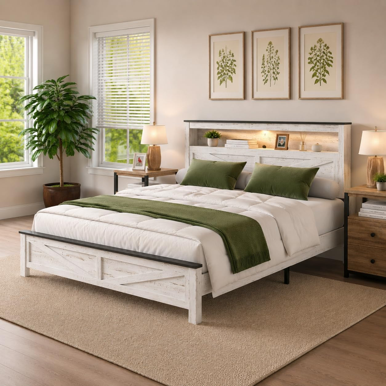 farmhouse-king-size-bed-frame-with-headboard-storage-shelf-wood-platform-bed-frame-with-led-lights-charging-station-rustic-white-metal-bed-no-box-spring-needed-noise-free-sturdy-structure
