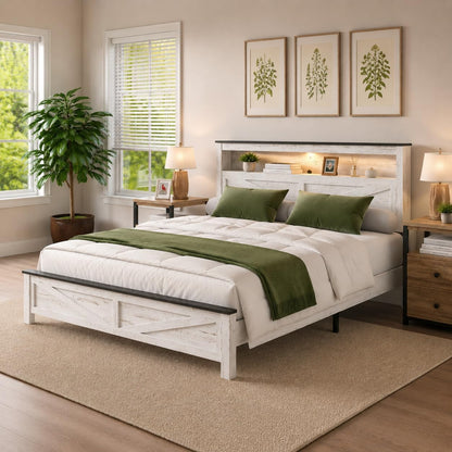 Farmhouse King Size Bed Frame with Headboard Storage Shelf, Wood Platform Bed Frame with LED Lights & Charging Station, Rustic White Metal Bed, No Box Spring Needed, Noise-Free Sturdy Structure4