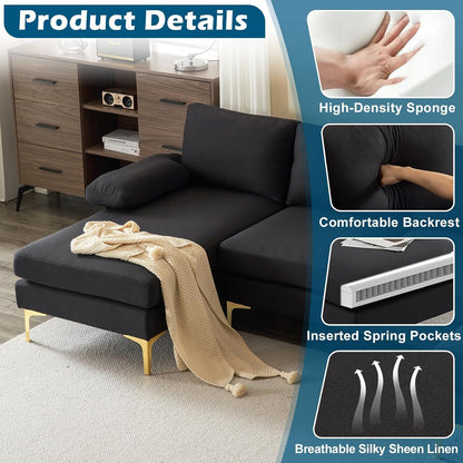 110" Modern Sectional Couch with 51" D Double Chaise, Black Deep Seat U Shaped Couch with Removable Pillows & Metal Legs, Comfy 4-Seat Sofas for Living Room, Linen Fabric3