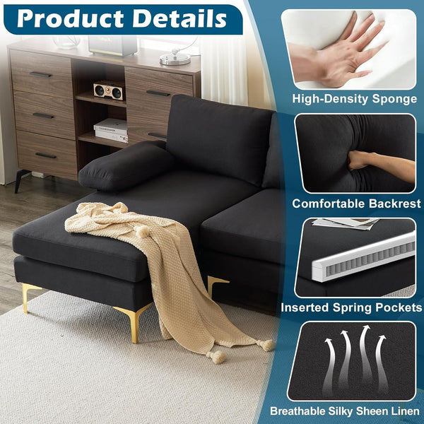 110" Modern Sectional Couch with 51" D Double Chaise, Black Deep Seat U Shaped Couch with Removable Pillows & Metal Legs, Comfy 4-Seat Sofas for Living Room, Linen Fabric3