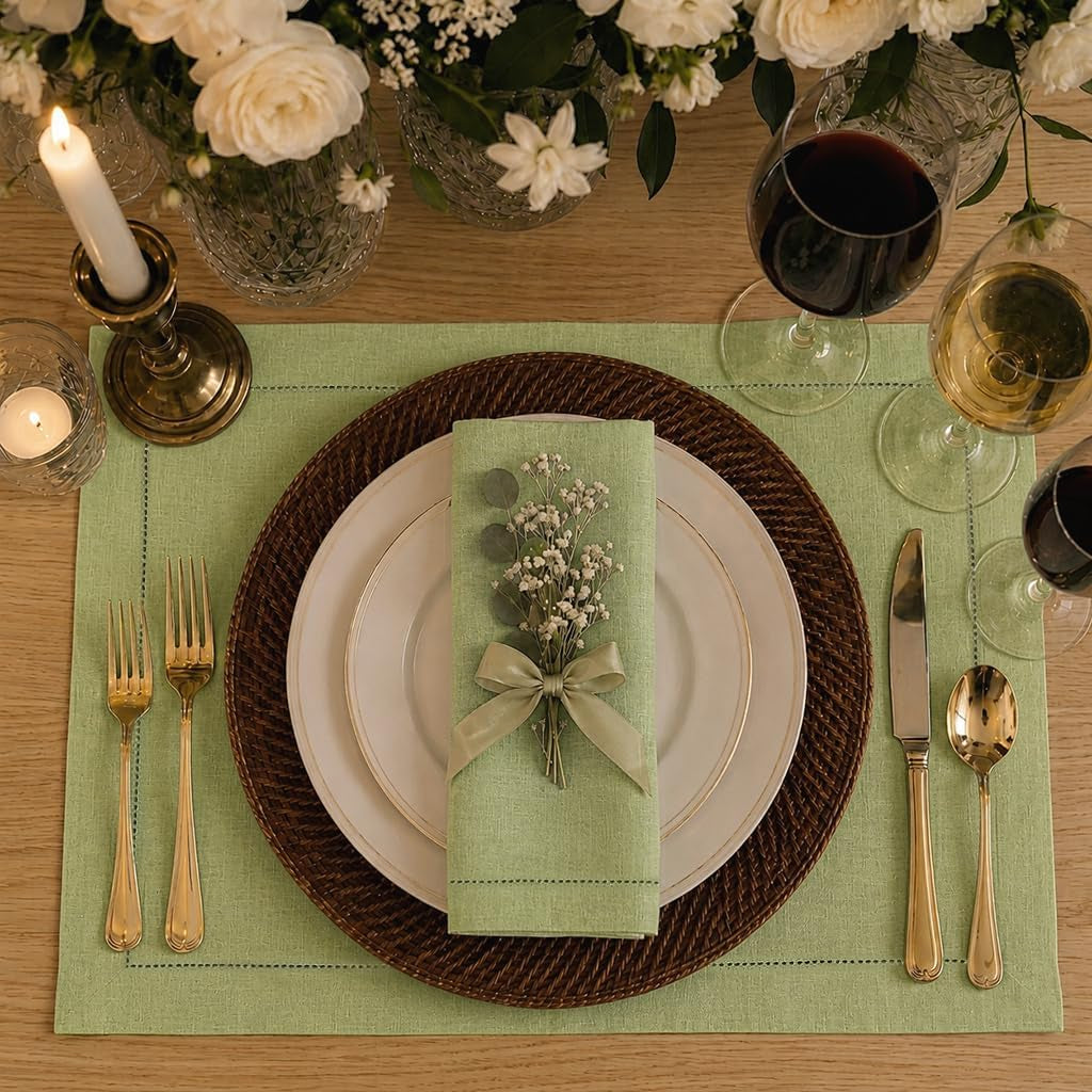 signature-linen™-by-dmoksha-sage-green-placemats-set-of-4-14-x-19-inch-100-pure-linen-table-mats-hemstitch-machine-washable-cloth-placemats-fall-weddings-outdoor-hosting