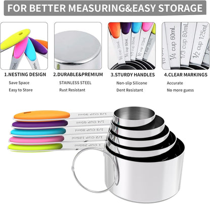 Nesting Measuring Cups and Spoons Set, Stainless Steel with Soft Silicone Handle – Heavy Duty & Dishwasher Safe for Measuring Dry/Liquid Ingredients, Ideal for Cooking & Baking (10)5