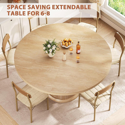 47″–63″ Extendable round Kitchen Dining Room Table for 4-6 with 2-Tier Storage Shelf Dust-Proof, Space Saving Expandable Wood Oval Circle Dinner Furniture with Pedestal Base (Natural Oka)7