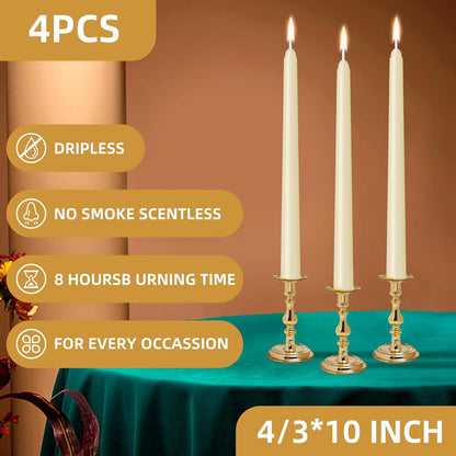 4 Pack Ivory Taper Candles - Taper Candles 10 Inch Dripless, Smokeless & Unscented - 8 Hours Long Burning - Hand Poured Tall Candlesticks - Ideal for Weddings, Dinner Parties, and Home Decor2